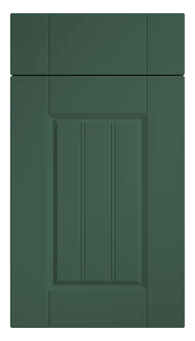 Grooved shaker kitchen door shown in a dark green finish