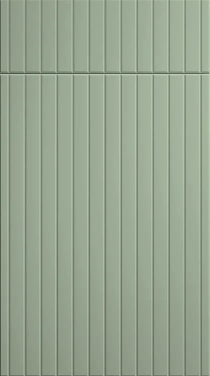 Slatted kitchen door shown in a sage green finish