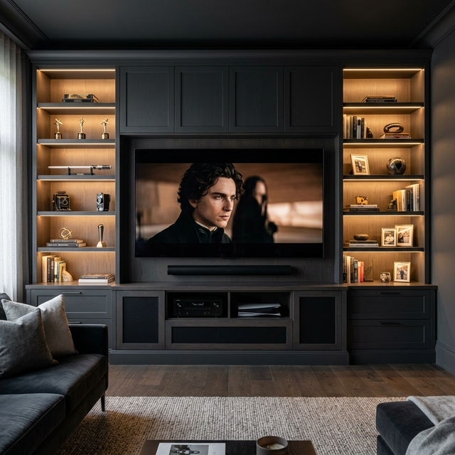 Luxury media wall with large-format electric fire