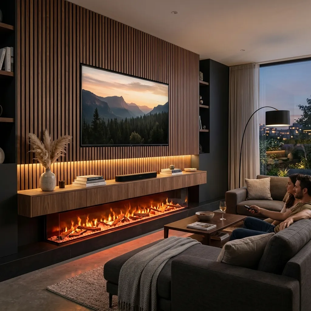 Bespoke media walls with acoustic panelling and integrated Firez electric fires constructed in Cardiff by professional builders.