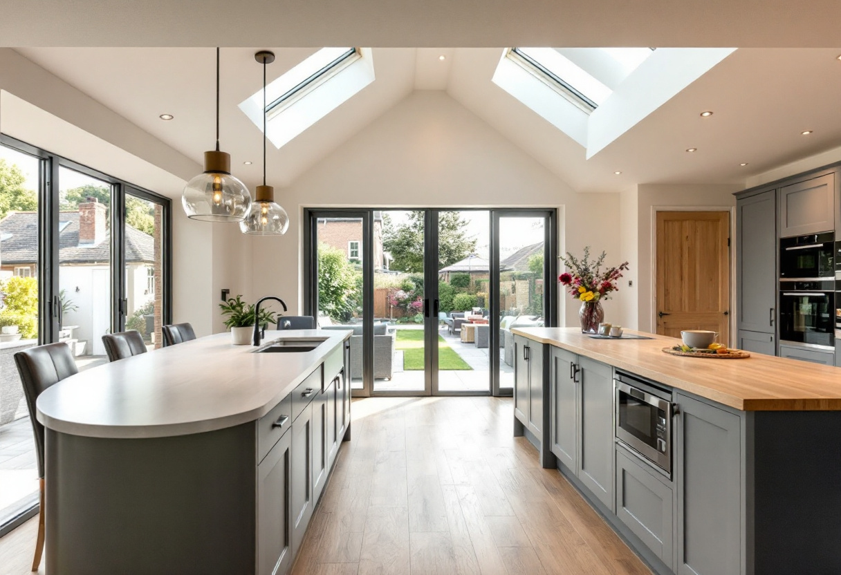 Completed open plan kitchen diner extension with roof lanterns and bi-fold doors in Cardiff