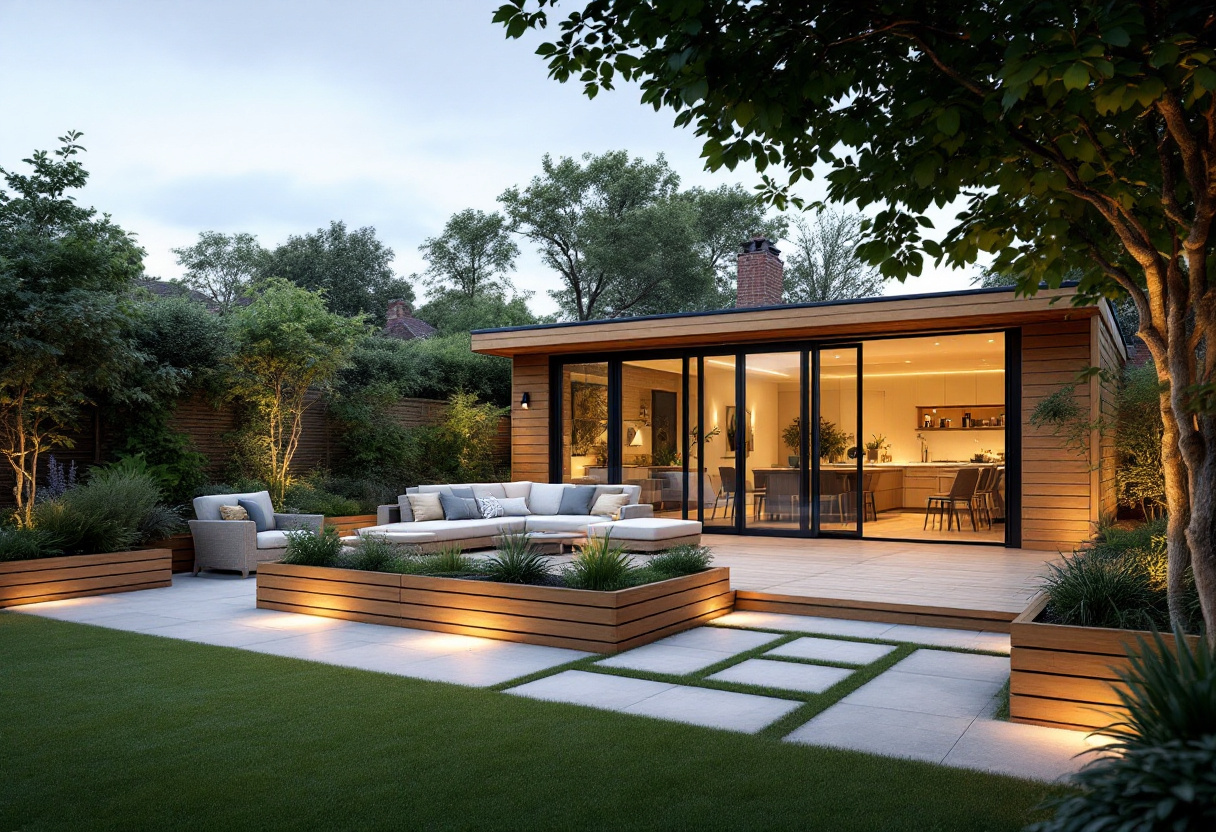 Modern garden room with composite decking and raised planters in a South Wales garden