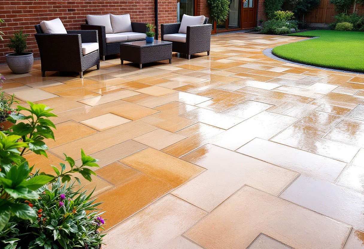 Freshly laid Indian sandstone patio with garden furniture at a Cardiff home
