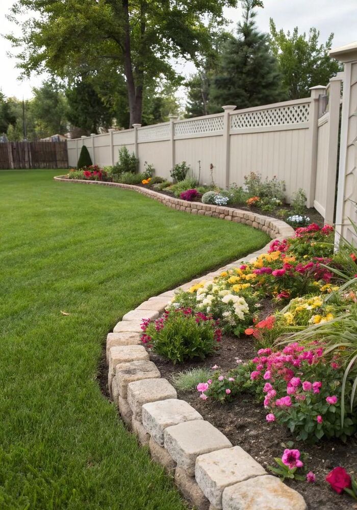 Landscaped garden with curved stone-edged flower bed and lawn — Cardiff & Caerphilly Construction