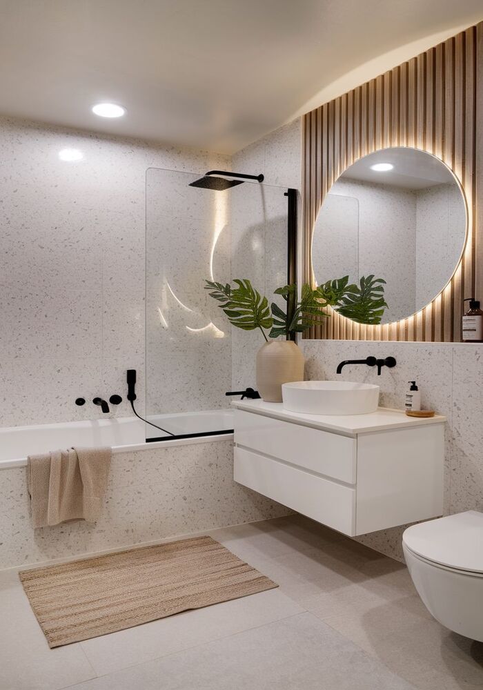 Bathroom with round mirror and vanity unit — Cardiff & Caerphilly Construction