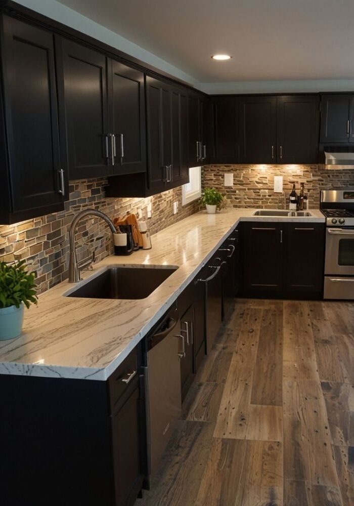 Modern dark kitchen with island and wood flooring — Cardiff & Caerphilly Construction